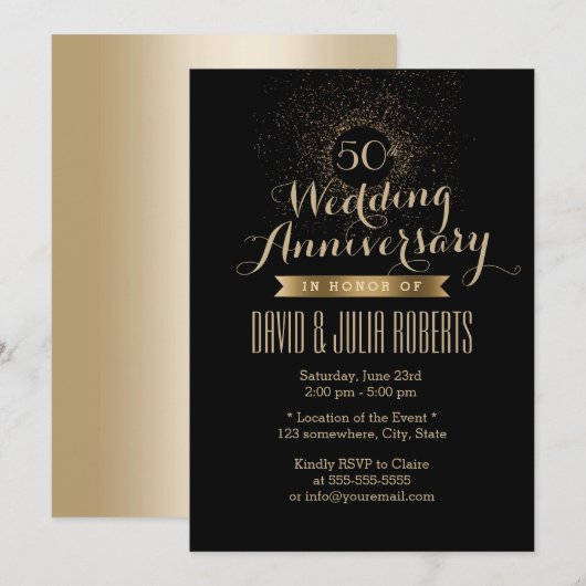 Moderne zwarte & gouden 50ste huwelijksverjaardag kaart (Voorkant / Achterkant)