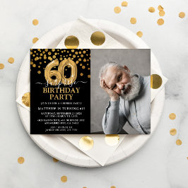 Moderne Zwarte & Gouden 60e Verjaardag Foto Kaart