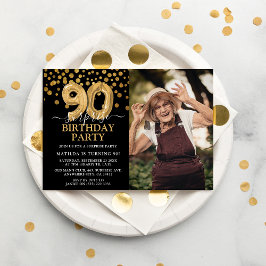 Moderne Zwarte & Gouden 90ste Verjaardag Foto Kaart
