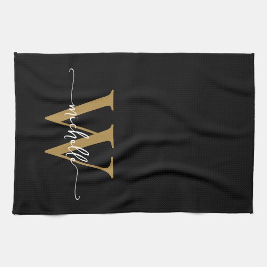 Moderne Zwarte Gouden Aangepaste Monogram Naam Let Theedoek (Horizontaal)