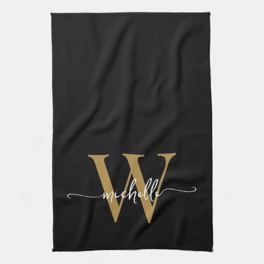 Moderne Zwarte Gouden Aangepaste Monogram Naam Let Theedoek (Verticaal)