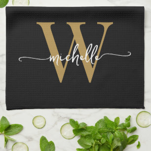 Moderne Zwarte Gouden Aangepaste Monogram Naam Scr Theedoek