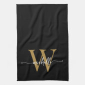 Moderne Zwarte Gouden Aangepaste Monogram Naam Scr Theedoek (Verticaal)