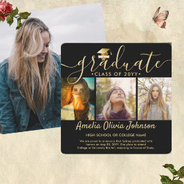 Moderne zwarte & gouden afstudeerfoto-collage kaart