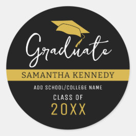 Moderne zwarte & gouden afstudeerhoed van de klas ronde sticker