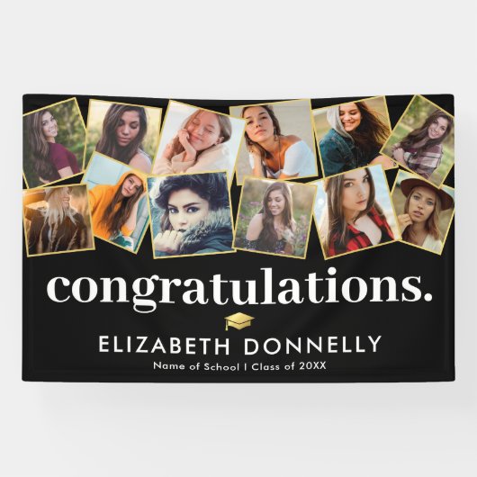 Moderne zwarte gouden Afstuderen fotocollage Spandoek (Horizontaal)