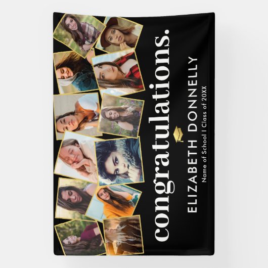 Moderne zwarte gouden Afstuderen fotocollage Spandoek (Verticaal)