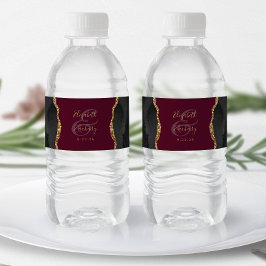 Moderne Zwarte Gouden Agaat Bourgondiër Trouwdag Waterfles Etiket