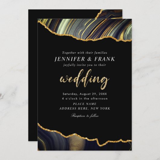 Moderne Zwarte Gouden Agaat Custom QR Code Wedding Kaart (Voorkant / Achterkant)