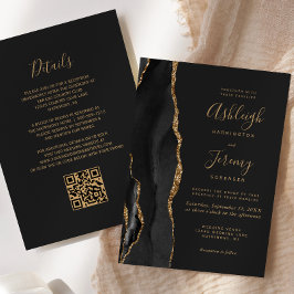 Moderne Zwarte Gouden Agaat Donkere QR Code Huweli Kaart