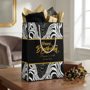 Moderne Zwarte & Gouden Agaat Gelukkig Verjaardag Medium Cadeauzakje