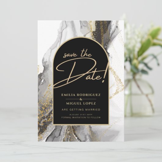 Moderne Zwarte Gouden Agaat Marmer Glitter Bruilof Kaart (Staand voorkant)