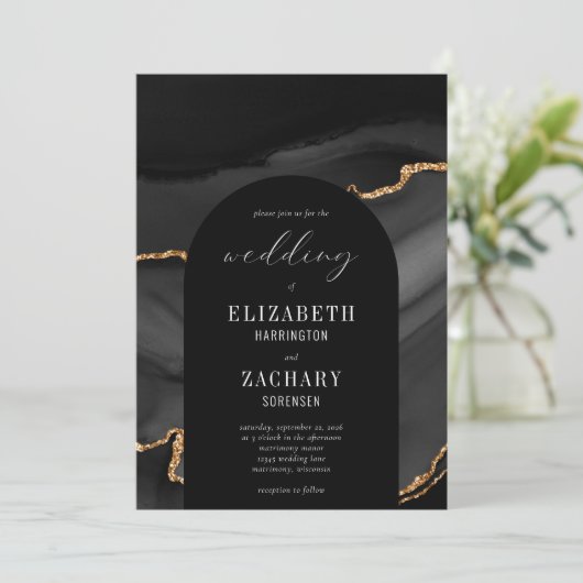 Moderne Zwarte Gouden Agaten Trouw Kaart (Staand voorkant)