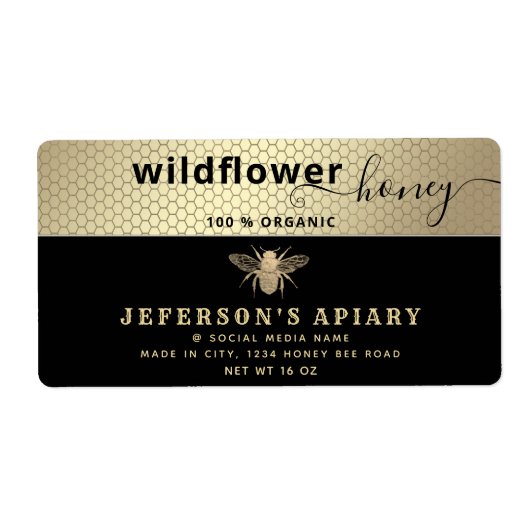 Moderne zwarte gouden bijenkast Honey jar Etiket (Voorkant)