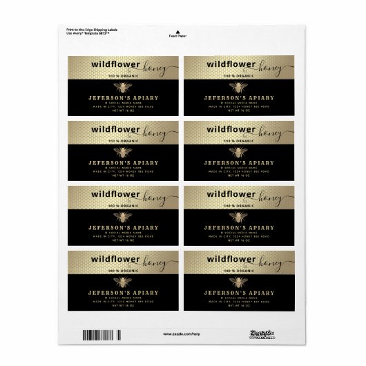 Moderne zwarte gouden bijenkast Honey jar Etiket (Full Sheet)