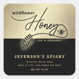 Moderne zwarte gouden bijenkast Honey jar Vierkante Sticker