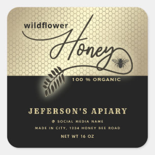 Moderne zwarte gouden bijenkast Honey jar Vierkante Sticker
