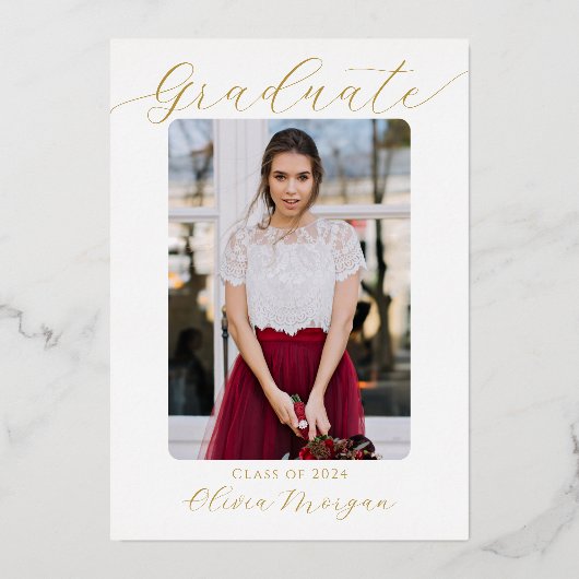 Moderne Zwarte Gouden Bloemenscript Afstudeerfoto  Folie Uitnodiging (Achterkant)