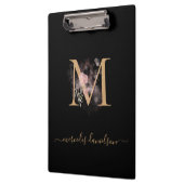 Moderne Zwarte Gouden Blush Roze Bloemige Monogram Klembord (Links)