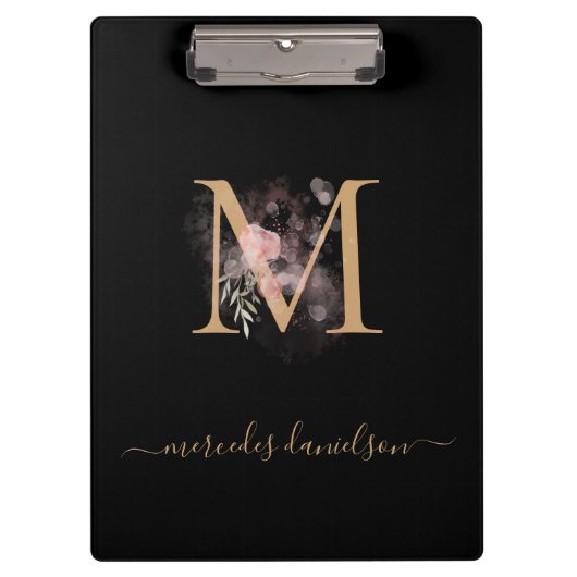 Moderne Zwarte Gouden Blush Roze Bloemige Monogram Klembord (Voorkant)