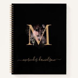 Moderne Zwarte Gouden Blush Roze Bloemige Monogram Notitieboek