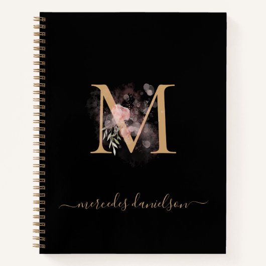 Moderne Zwarte Gouden Blush Roze Bloemige Monogram Notitieboek (Voorkant)