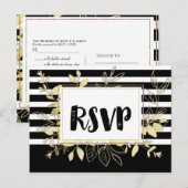 Moderne Zwarte Gouden Botanische Glamour Bruiloft  Uitnodiging Briefkaart (Voorkant / Achterkant)