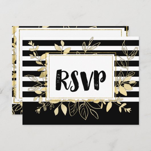 Moderne Zwarte Gouden Botanische Glamour Bruiloft  Uitnodiging Briefkaart (Voorkant / Achterkant)