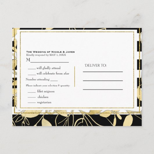 Moderne Zwarte Gouden Botanische Glamour Bruiloft  Uitnodiging Briefkaart (Achterkant)