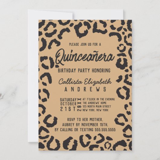 Moderne Zwarte Gouden Cheetah Leopard Quinceañera Kaart (Voorkant)