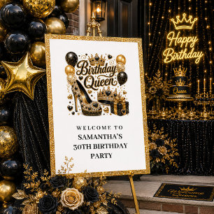 Moderne Zwarte Gouden Confetti Verjaardag Koningin Poster