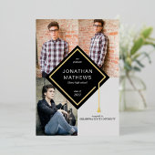 Moderne zwarte gouden dop foto afstuderen folie uitnodiging (Staand Voorkant)