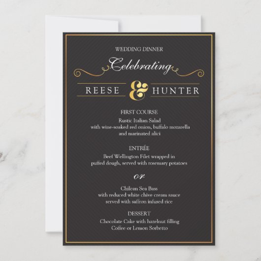Moderne Zwarte Gouden Elegante Trouw Menu Kaart (Voorkant)