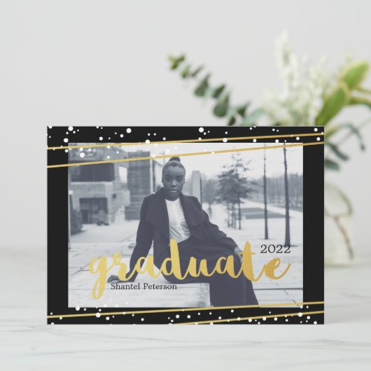 Moderne, zwarte, gouden en witte Afstuderen uitnod Kaart (Staand voorkant)