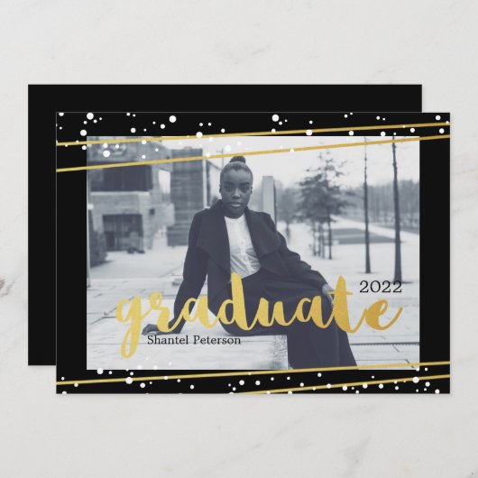 Moderne, zwarte, gouden en witte Afstuderen uitnod Kaart (Voorkant / Achterkant)
