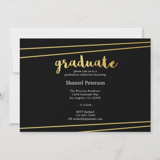 Moderne, zwarte, gouden en witte Afstuderen uitnod Kaart (Achterkant)
