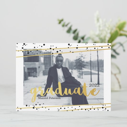 Moderne, zwarte, gouden en witte Afstuderen uitnod Kaart (Staand voorkant)