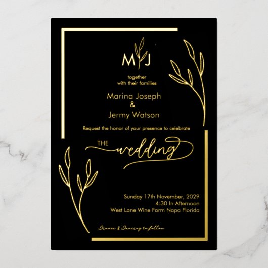 Moderne Zwarte & Gouden Folder Rand Monogram Folie Uitnodiging (Voorkant)