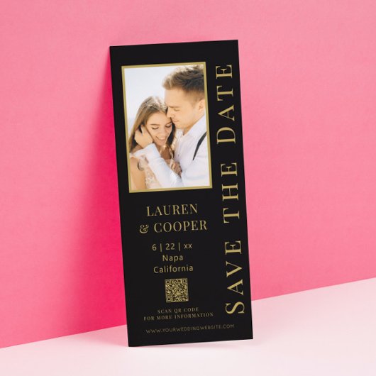 Moderne Zwarte Gouden Foto QR Code Trouwdag Save The Date