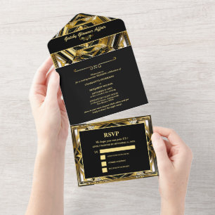Moderne Zwarte & Gouden Gatsby Art Deco Jaren 20 T All In One Uitnodiging