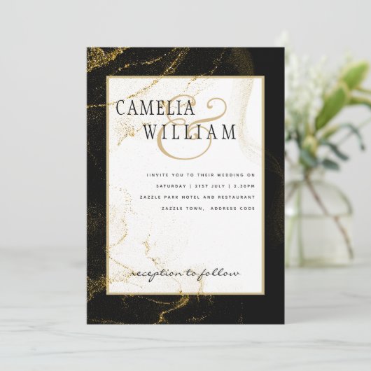 Moderne Zwarte Gouden Glitter Bruiloft Kaart (Staand voorkant)