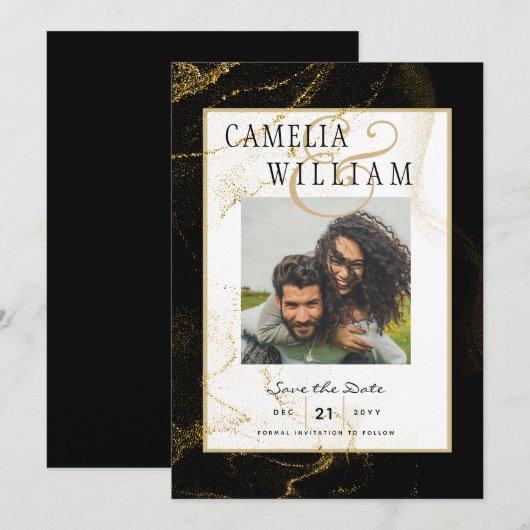 Moderne Zwarte Gouden Glitter Bruiloft Kaart (Voorkant / Achterkant)