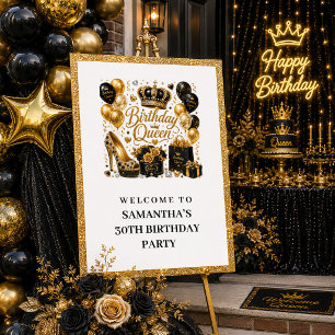 Moderne Zwarte Gouden Glitter Verjaardag Koningin Poster