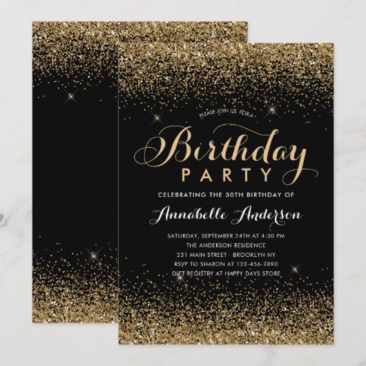 Moderne Zwarte Gouden Glitters Glans Verjaardag vo Kaart (Voorkant / Achterkant)
