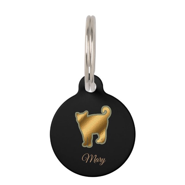 Moderne Zwarte Gouden Kat Huisdierpenning (Voorkant)