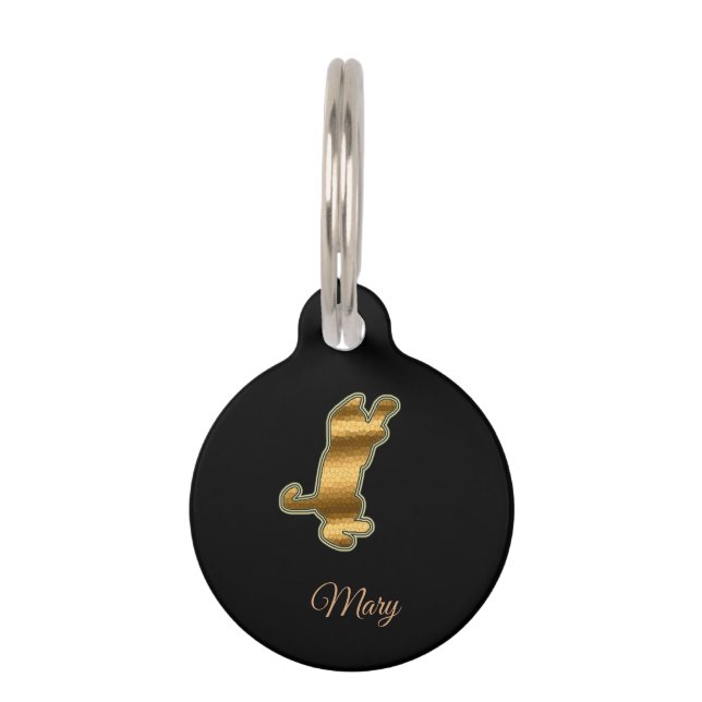 Moderne Zwarte Gouden Kat Huisdierpenning (Voorkant)