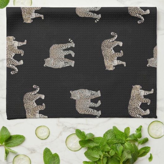 Moderne zwarte gouden luipaard Oerwoud dieren Theedoek (Gevouwen)