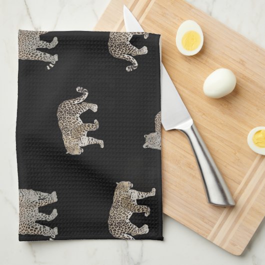 Moderne zwarte gouden luipaard Oerwoud dieren Theedoek (Quarter Fold)