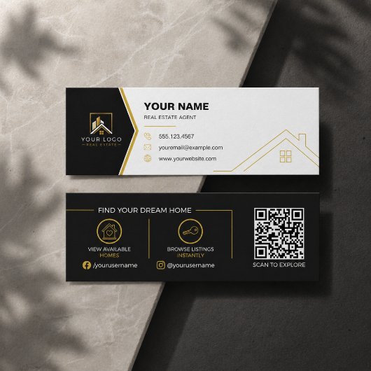 Moderne Zwarte Gouden Luxe Onroerend Goed QR Code Mini Visitekaartje