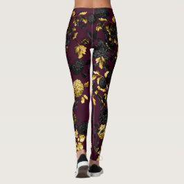 Moderne  zwarte gouden maroon Floral Toil Leggings